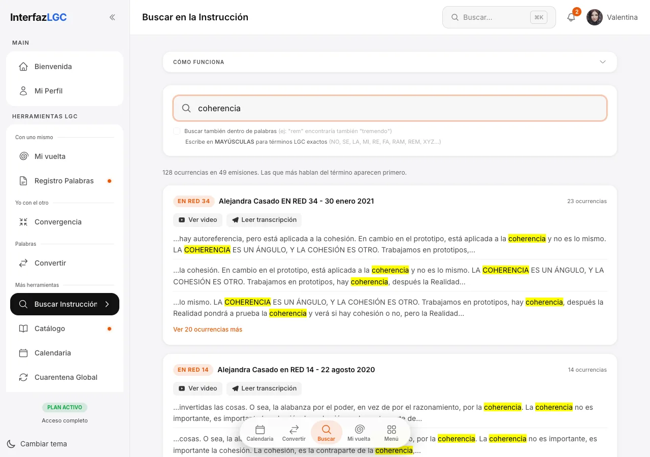Buscar en la Instrucción: resultados de la palabra coherencia resaltada en las transcripciones