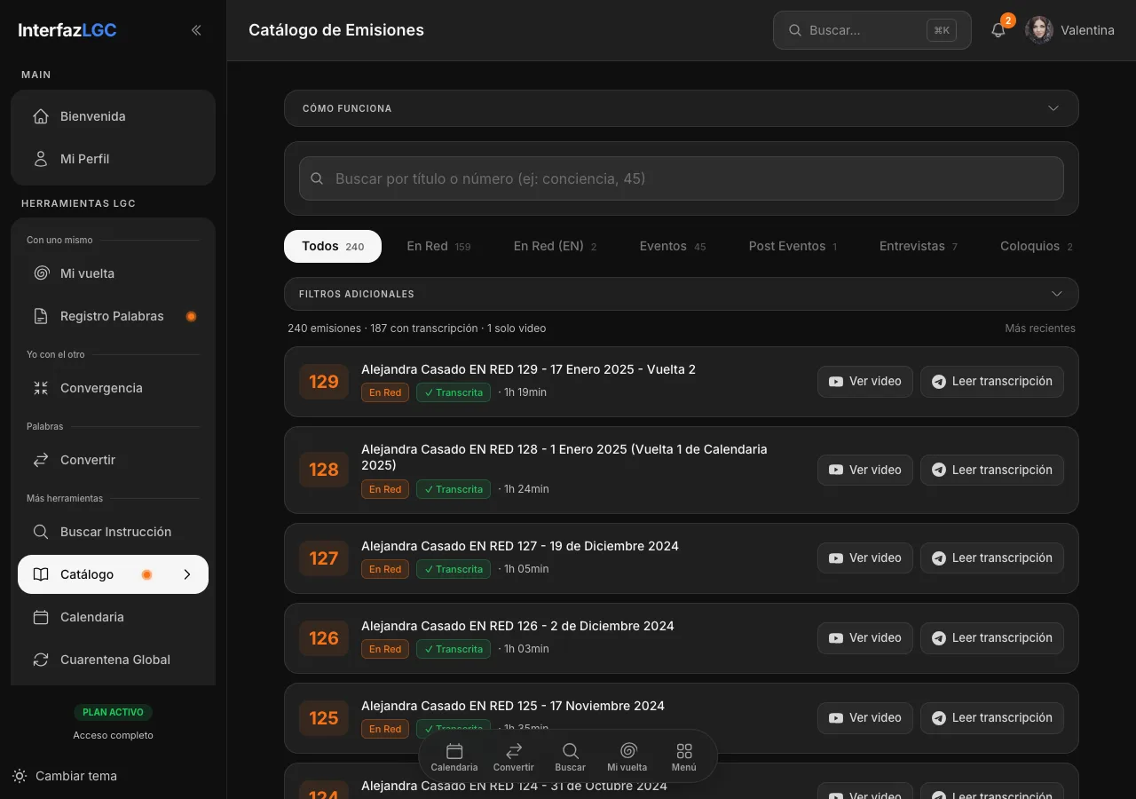 Catálogo de Emisiones: lista de emisiones En Red con acceso al video y a la transcripción