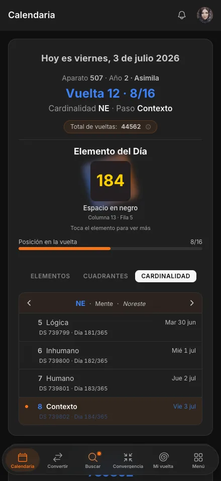 Calendaria en versión móvil, vista Cardinalidad