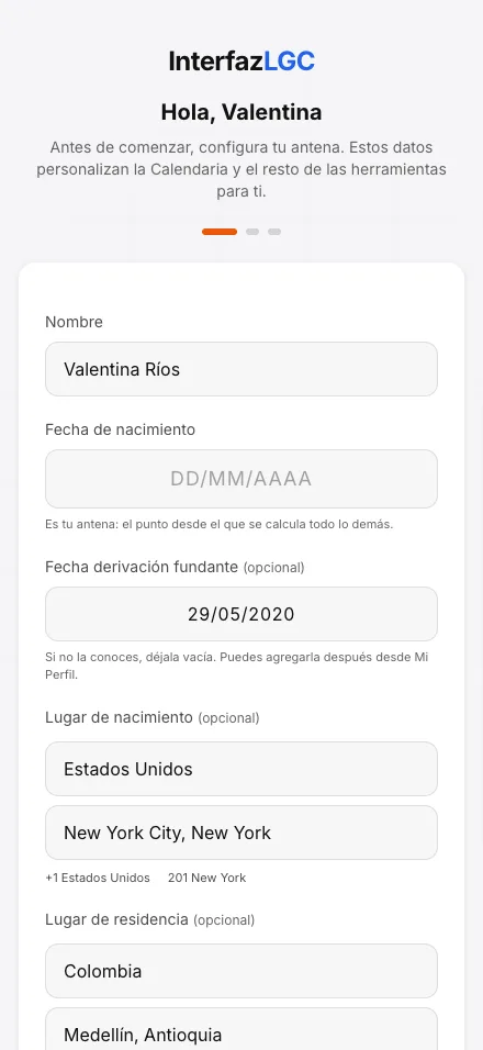 Pantalla de configuración de antena: fecha y lugar de nacimiento