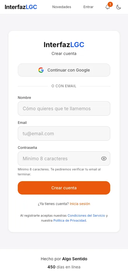 Pantalla de creación de cuenta con email o Google