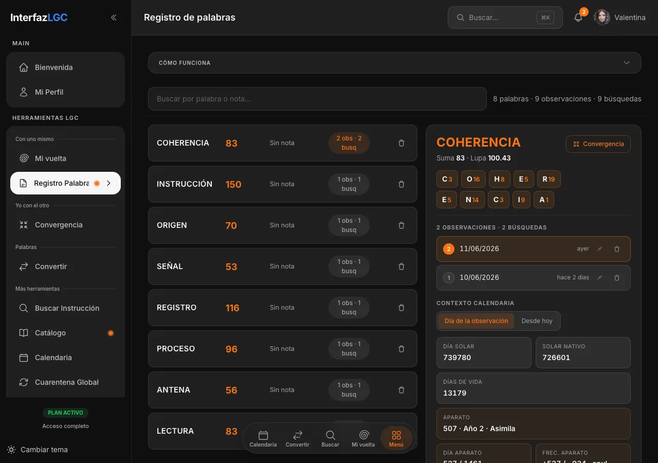 Registro de Palabras: ocho palabras guardadas con sus sumas y el contexto Calendaria de instrucción